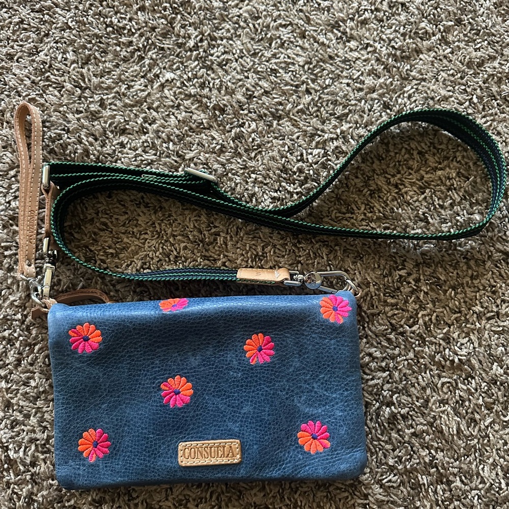 Consuela Blue and Pink Crossbody Bag with Floral Embroidery